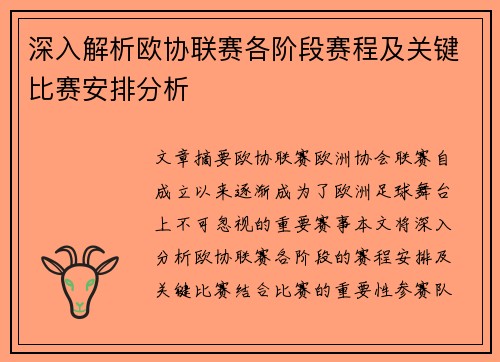 深入解析欧协联赛各阶段赛程及关键比赛安排分析